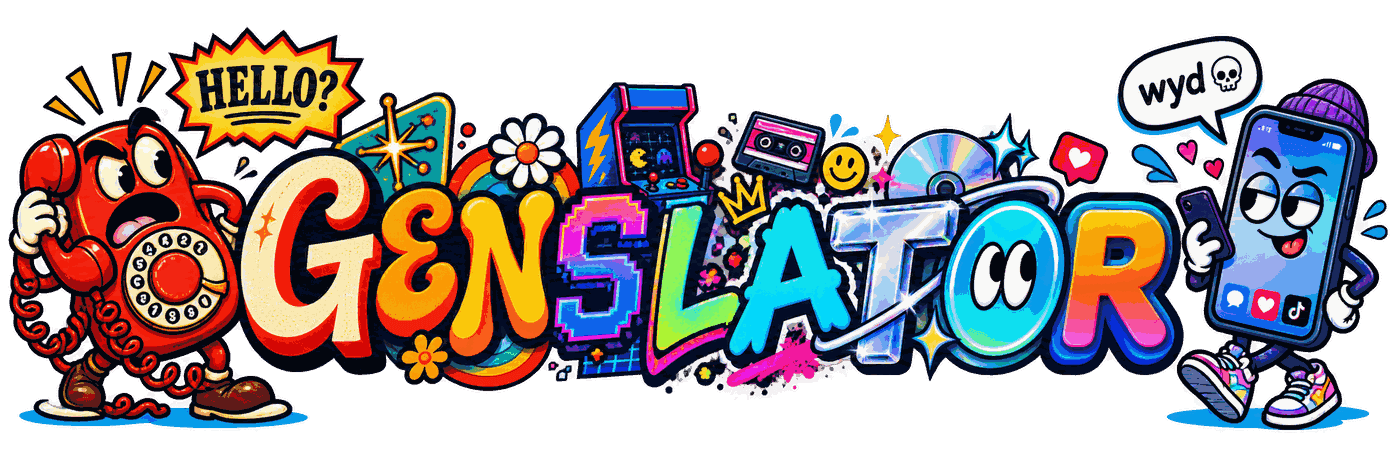 Genslator — a shouting rotary phone and a texting smartphone around the word GENSLATOR, each letter in a different generation's style
